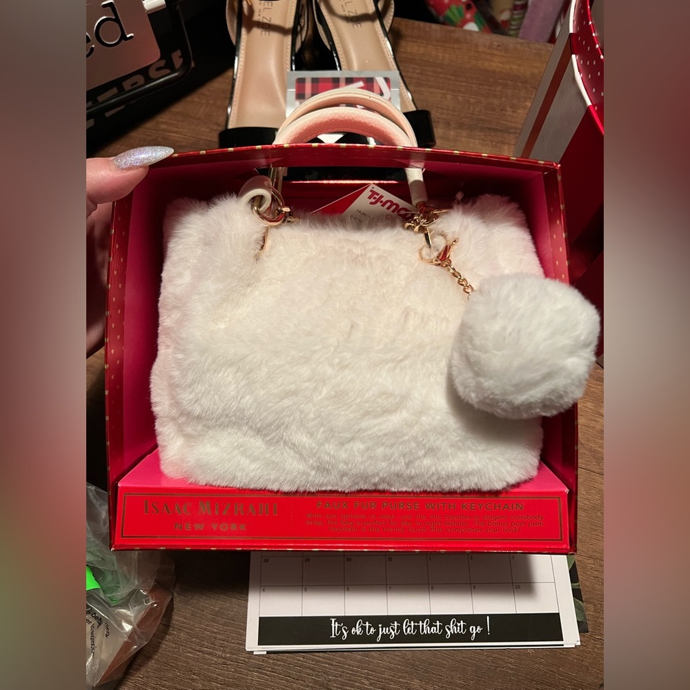 Isaac Mizrahi Ivory Faux Fur Purse CrossBody Bag With Fluffy Keychain